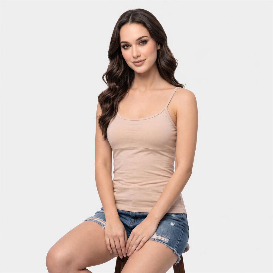 Women Brown Cotton Blend Scoop Neck Camisole Slips, Brown, large