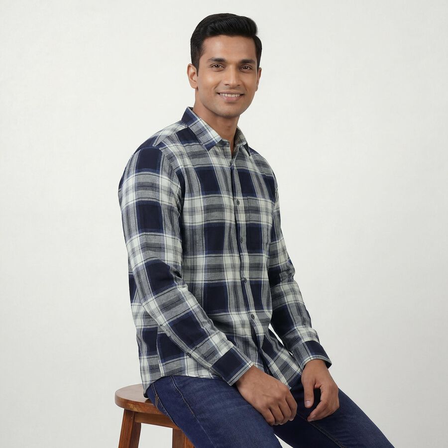 Men's Navy Blue Cotton Spread Collar Casual Shirt, नेवी ब्लू, large