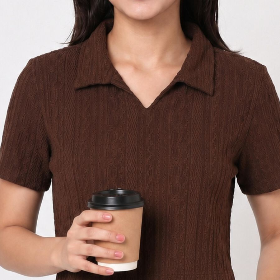 Women Brown Polo Neck Polo T-Shirt, भूरा, large
