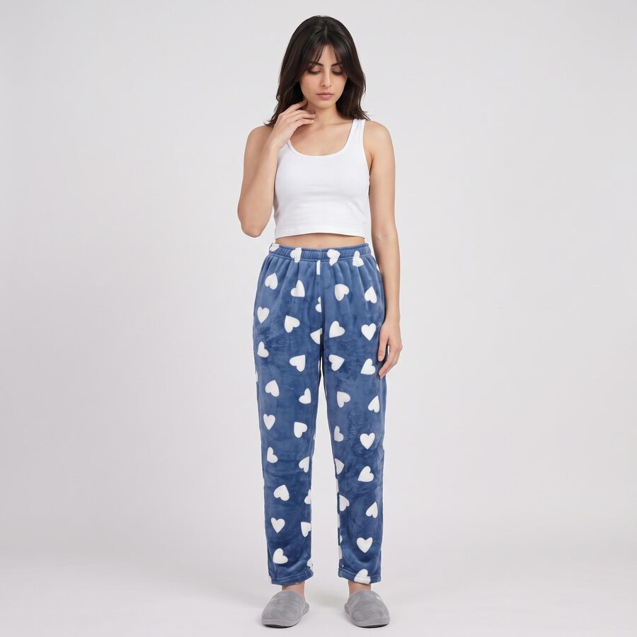 Women's Blue Straight Fit Heart Printed Lounge Pyjama, गहरा नीला, large
