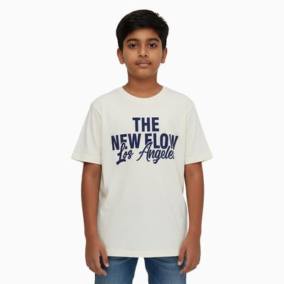Boys Off White Round Neck Casual T-Shirt