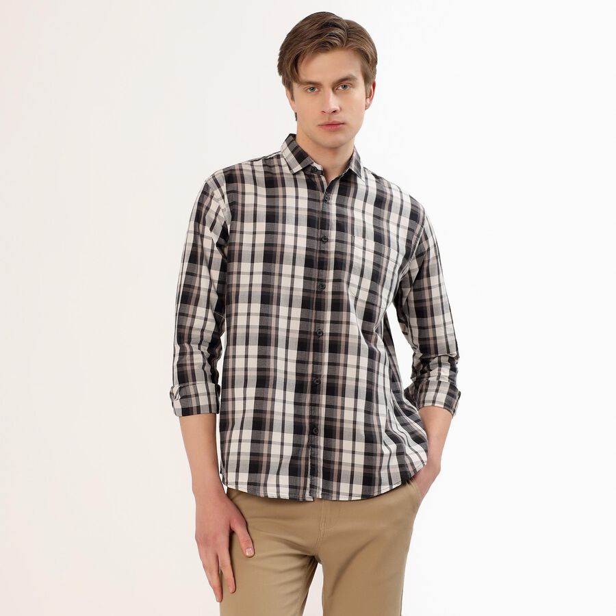 Men's Black and White Cotton Full Sleeve Spread Collar Casual Shirt, ऑफ व्हाइट, large image number null