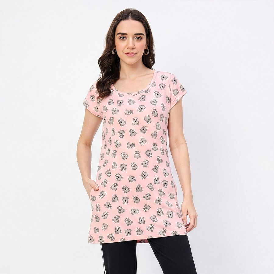 Women's Pink Round Neck T-Shirt Style Nighty, हल्का गुलाबी, large