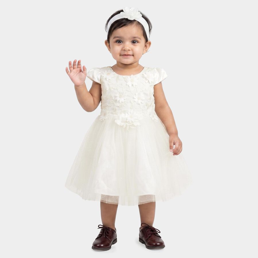 Infants' White Fit and Flare Floral Applique Party Wear Frock, सफ़ेद, large