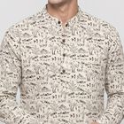 Men's Beige Cotton Mandarin Collar Printed Kurta, गहरा पीला, small