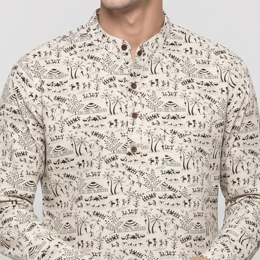 Men's Beige Cotton Mandarin Collar Printed Kurta, गहरा पीला, large