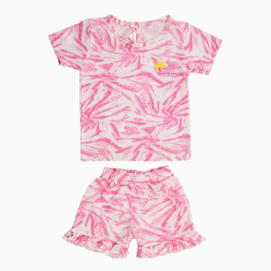 Infant Bright Pink Cotton Round Neck Casual Shorts Set, गुलाबी, large
