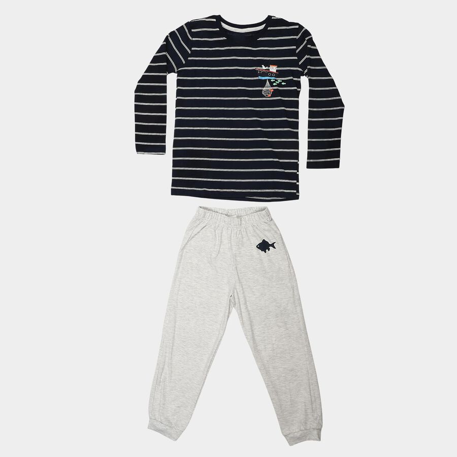 Boys Navy Blue Cotton Round Neck Striped Baba Suit, नेवी ब्लू, large
