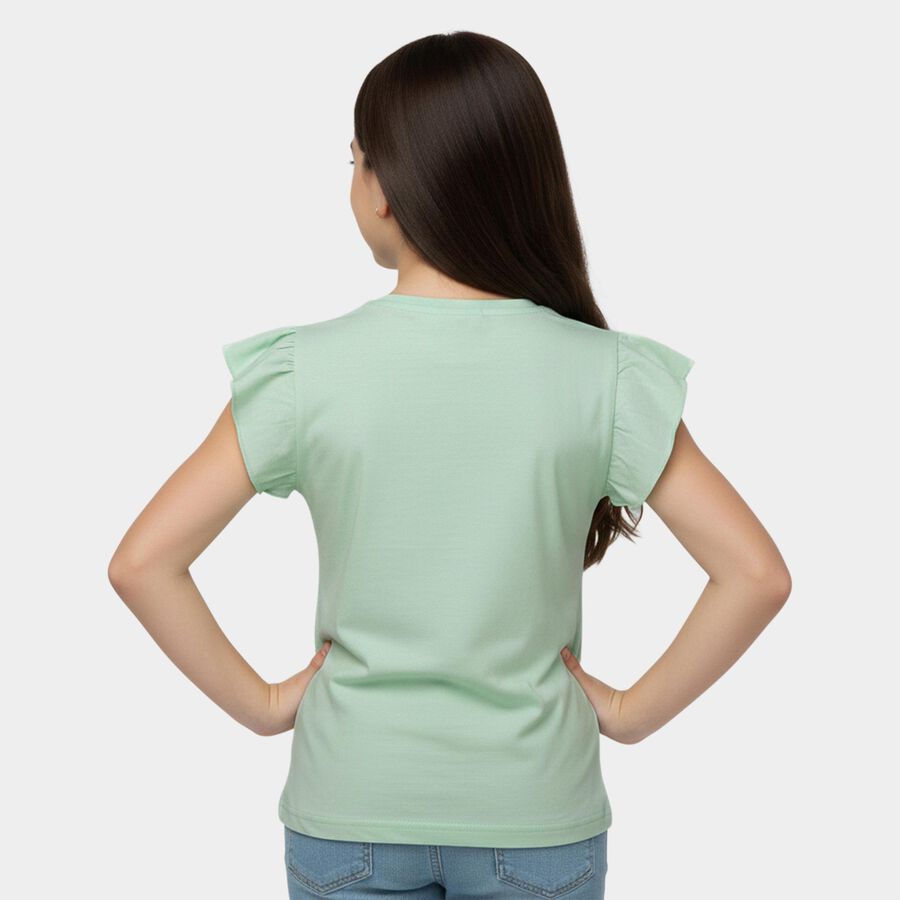 Girls' Mint Green Cotton Round Neck Casual T-Shirt, Light Green, large