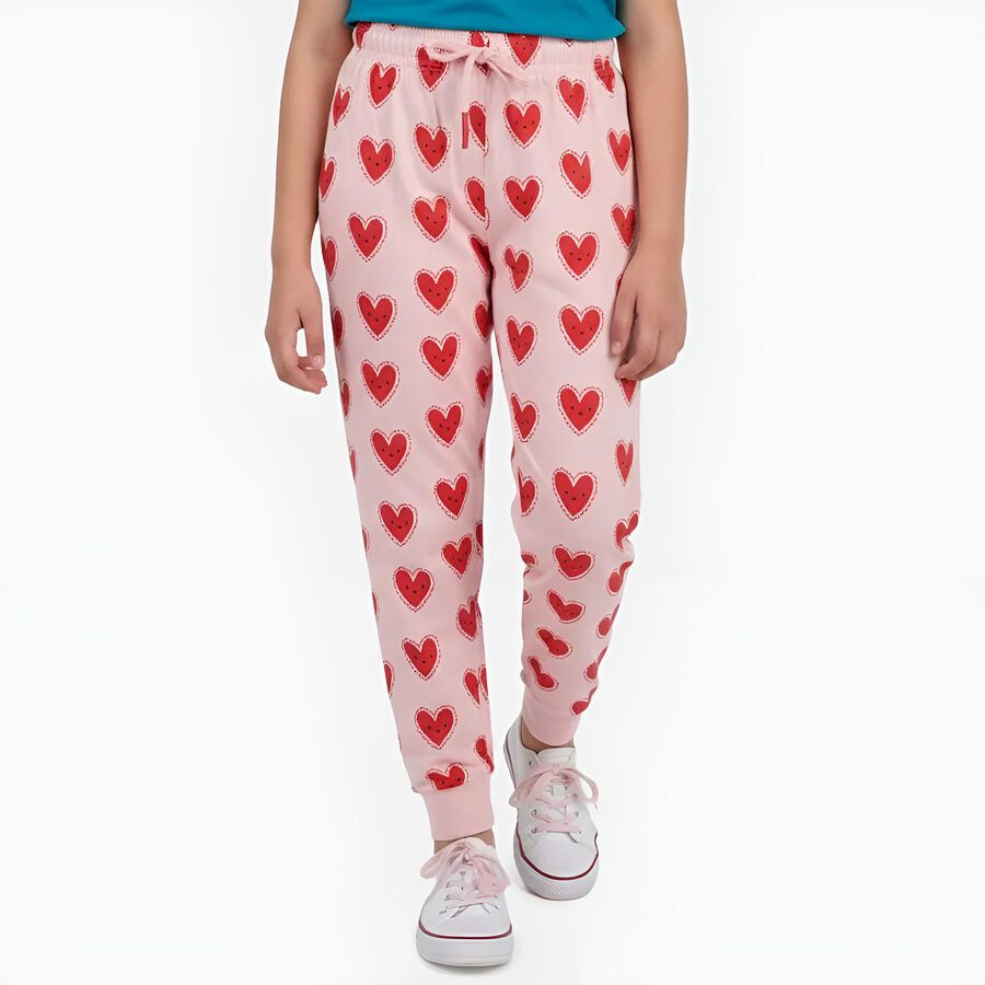 Girls Light Pink Regular Fit Heart Printed Pyjama, Light Pink, large