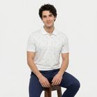 Men's White Cotton Polo Neck Geometric Polo T-Shirt, सफ़ेद, small