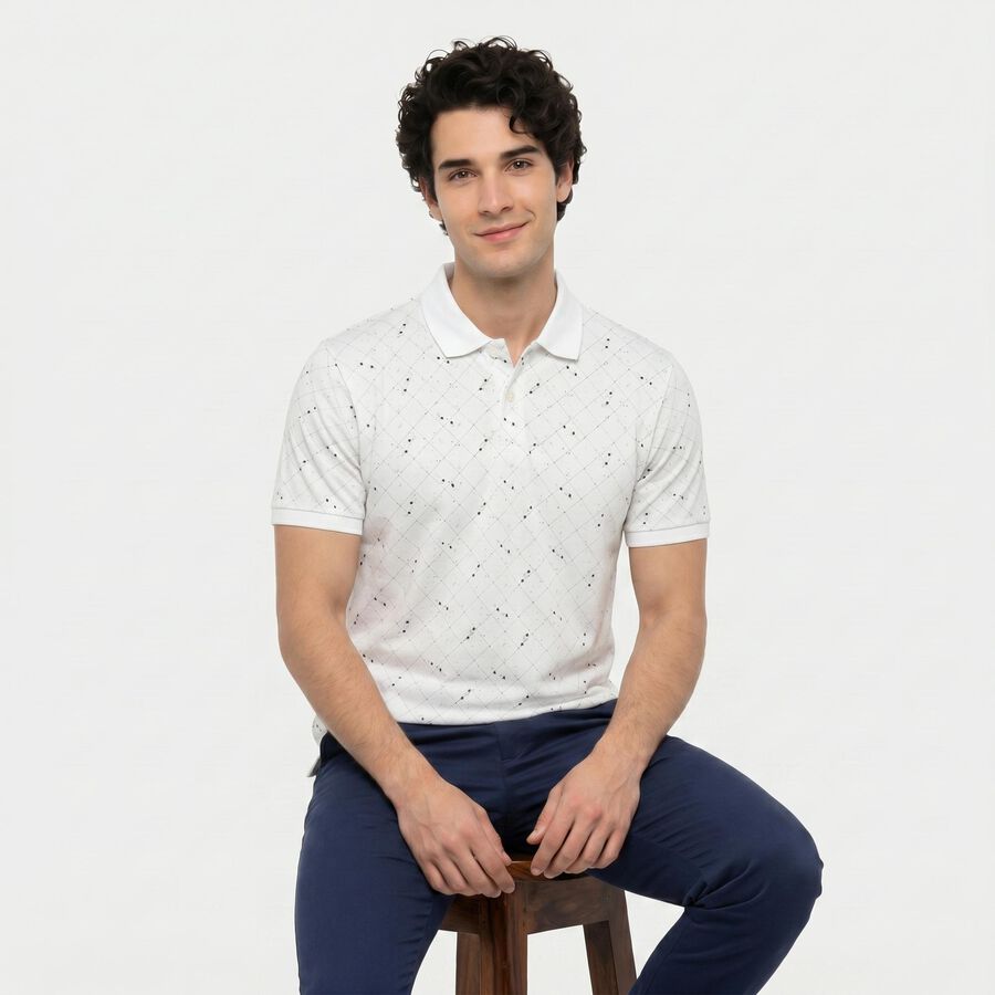 Men's White Cotton Polo Neck Geometric Polo T-Shirt, सफ़ेद, large