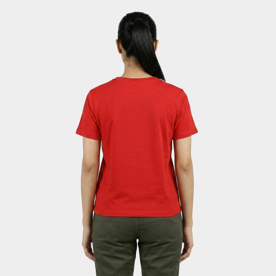 Women Red Round Neck Casual T-Shirt, Red, large