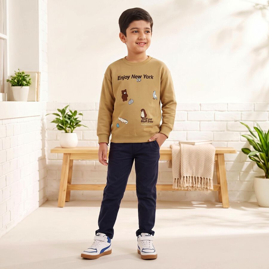 Boys Beige Crew Neck Graphic Print Sweatshirt, Beige, large