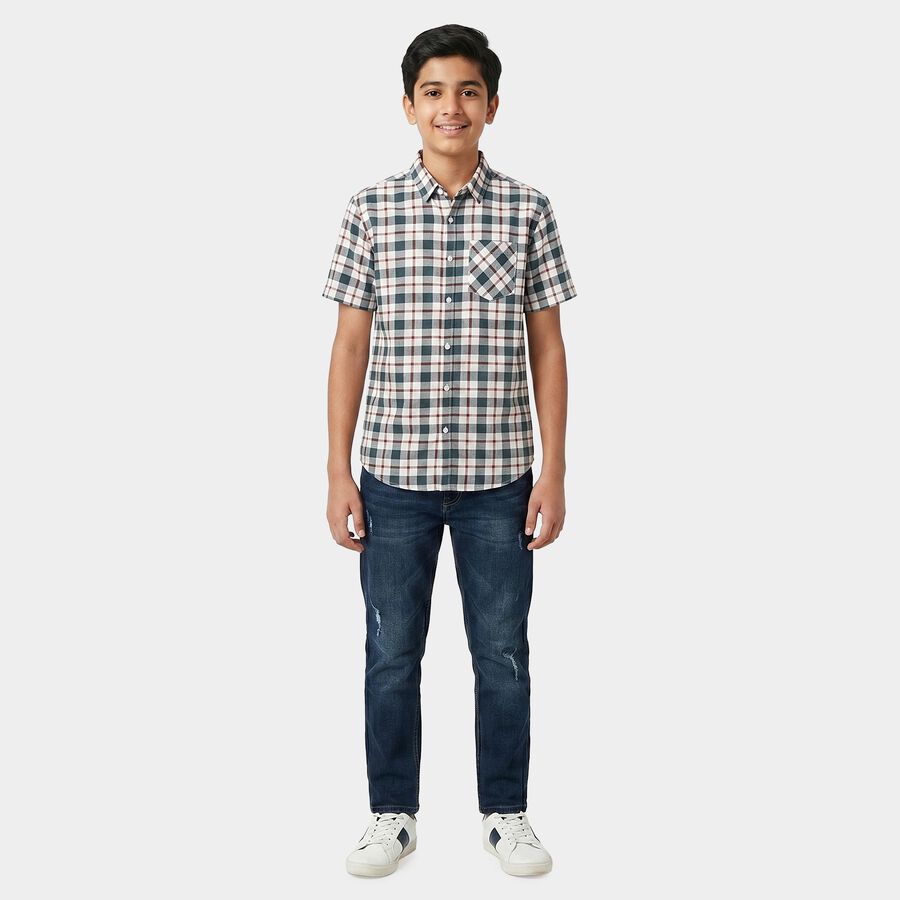 Boys White Checked Collar Regular Fit Casual Shirt, White, large