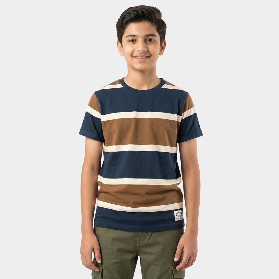 Boys Brown Round Neck Casual T-Shirt, भूरा, large