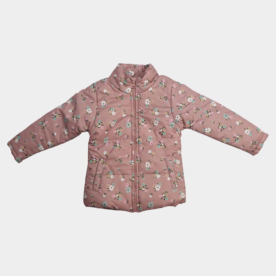 Girls' Pink Stand Collar Puffer Jacket, Pink, large