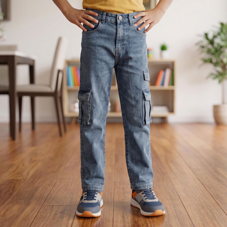 Boys' Blue Regular Fit Cargo Jeans, मध्यम नीला, large