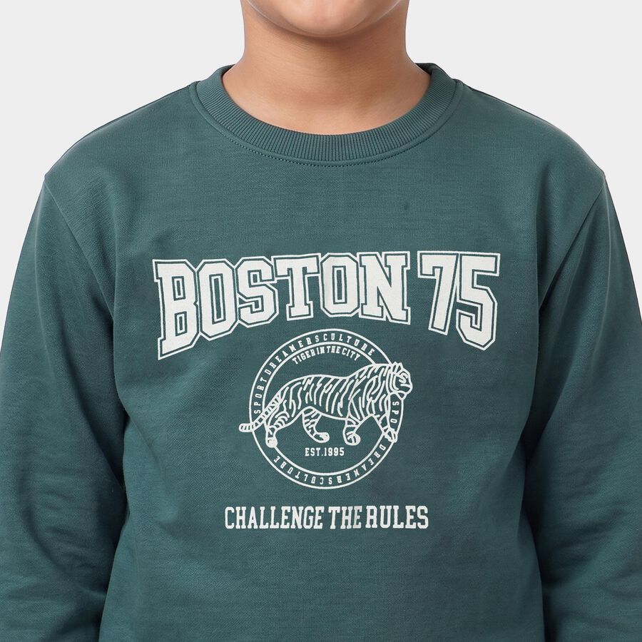 Boys' Teal Crew Neck Graphic Print Sweatshirt, टील ब्लू, large