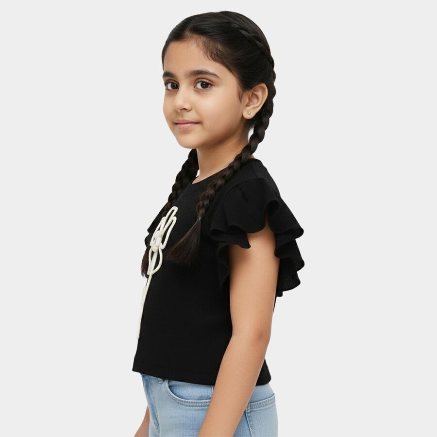 Girls' Jet Black Round Neck Casual T-Shirt, Black, large