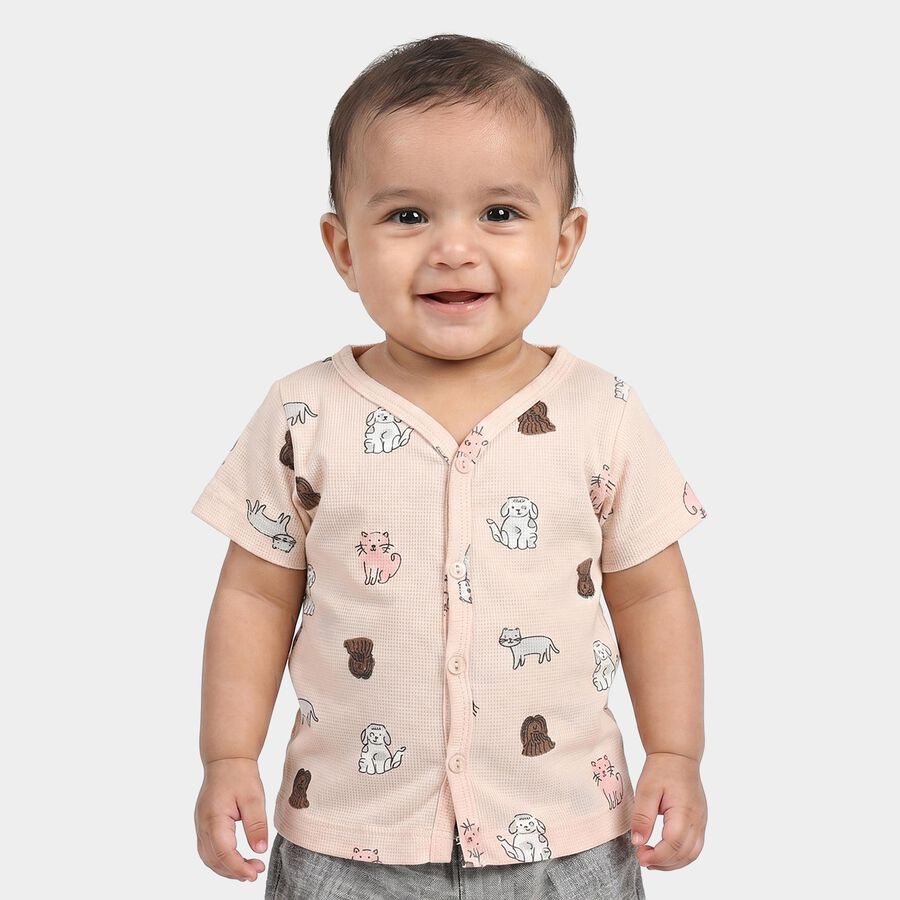 Infants Beige Cotton V-Neck Regular T-Shirt, गहरा पीला, large