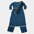 Girls Navy Blue Round Neck Fusion Set Upper and Bottom Set, नेवी ब्लू, small