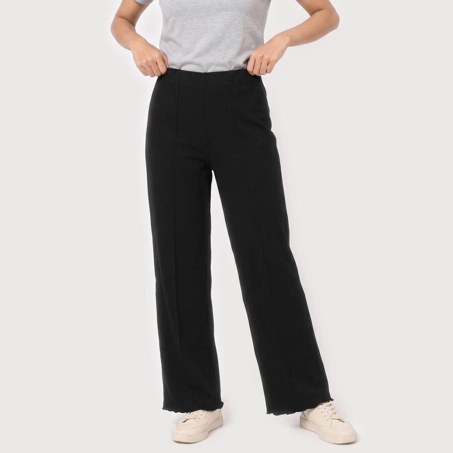 Women Black Straight Fit Seam Detail Track Pants, काला, large