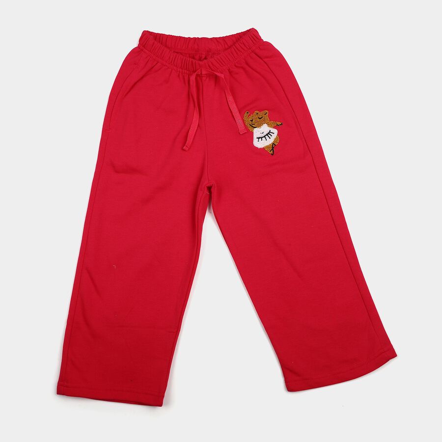 Girls Fuchsia Straight Fit Teddy Embroidered Pyjama, रानी (फ्यूशिया), large