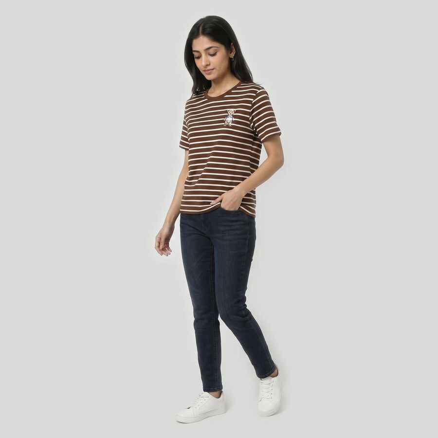 Women's Brown Round Neck Regular T-Shirt, भूरा, large