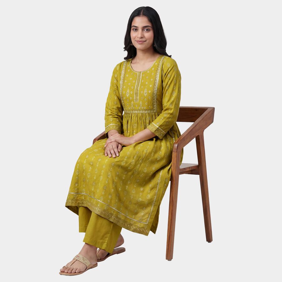 Women's Green Notch Neck Floral Printed Straight Kurta, Light Green, large