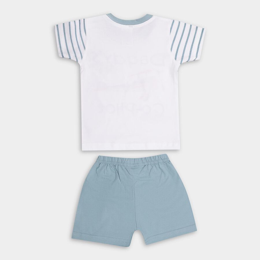 Boys' White Cotton Round Neck Printed Baba Suit, Teal Blue, large