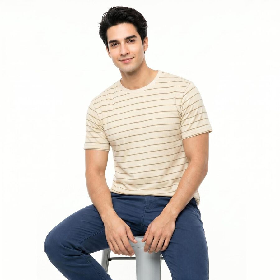 Men's Brown Round Neck Striped T-Shirt, Brown, large
