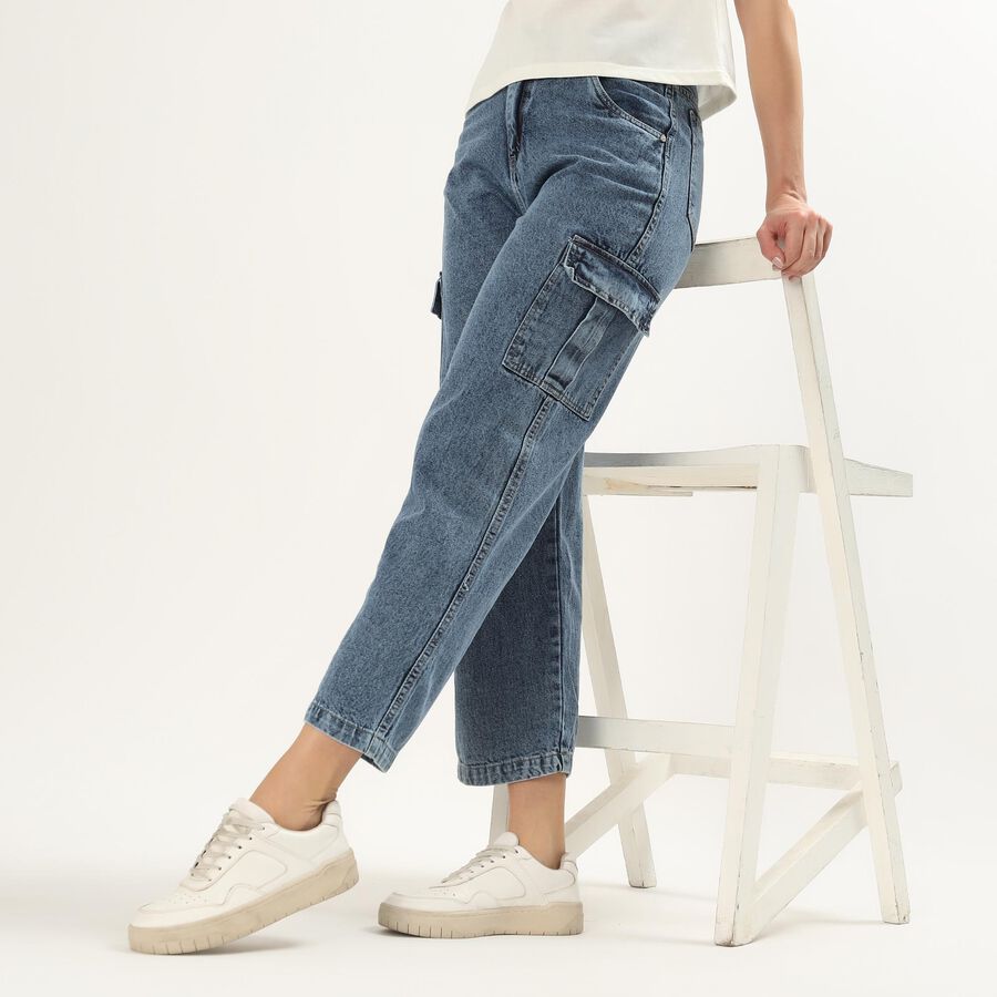 Women's Light Blue Wide-Leg Washed Jeans, मध्यम नीला, large