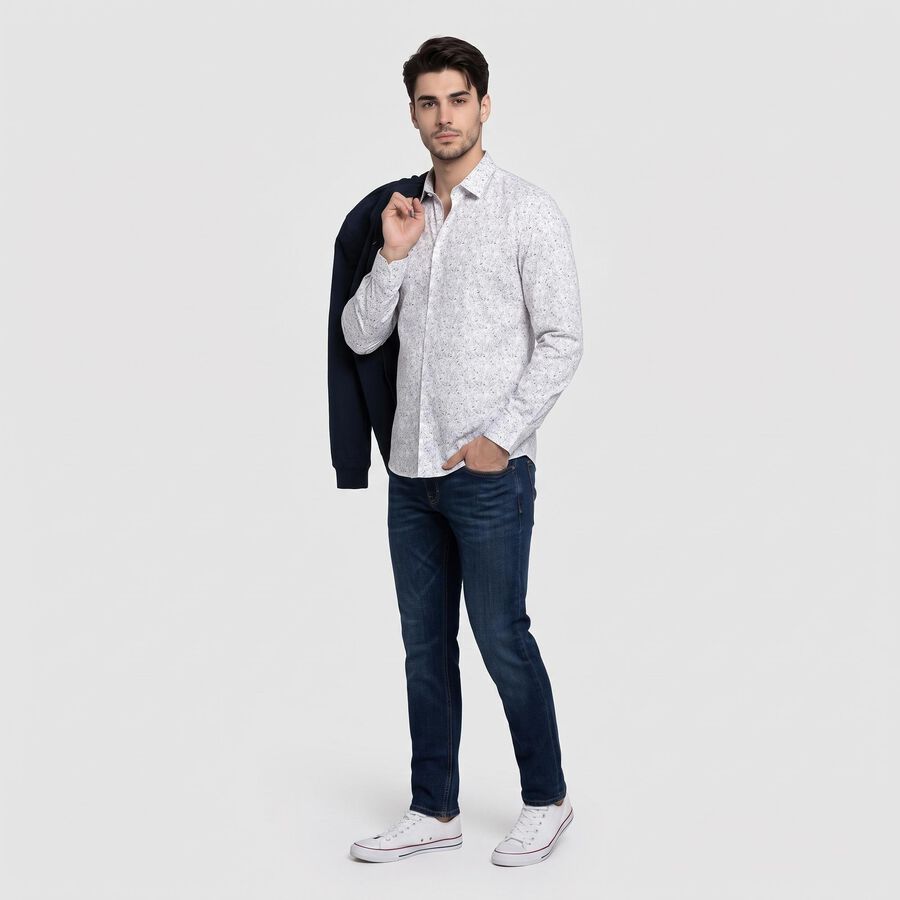 Men's Off White Cotton Floral Casual Shirt, Off White, large