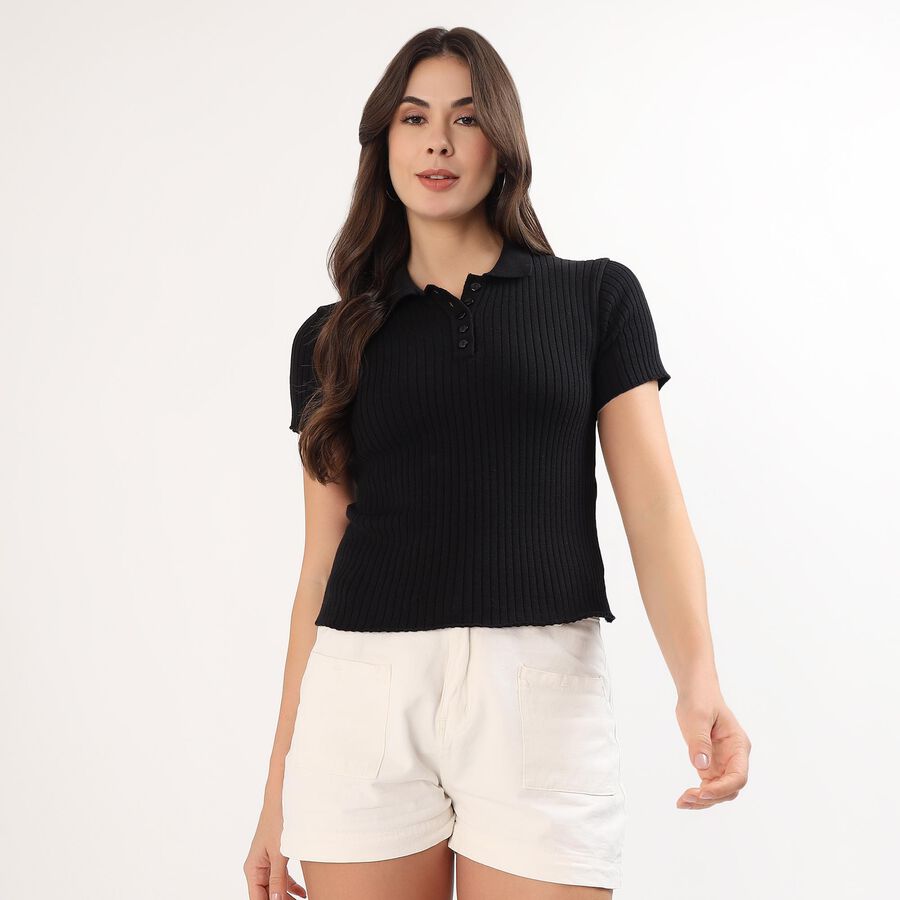 Women's Jet Black Cotton Round Neck Casual Top, Black, large