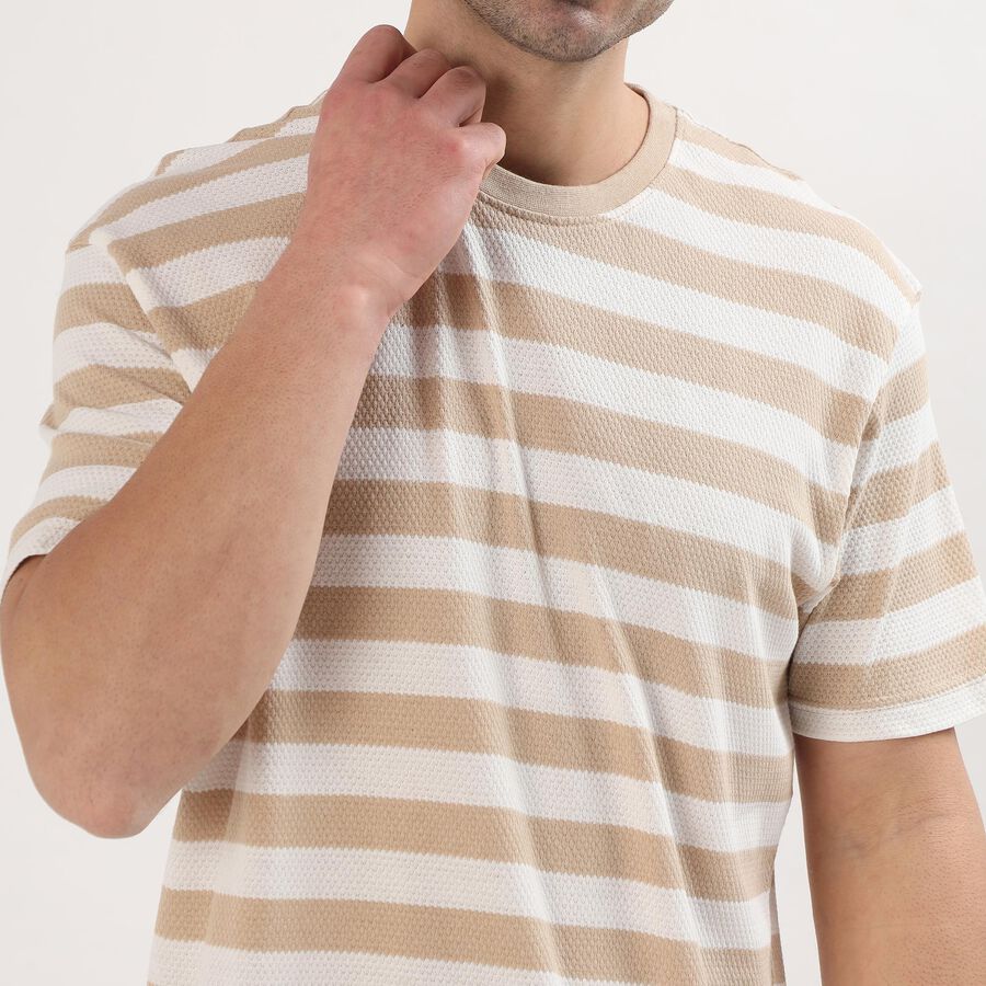 Men's Muted Beige Round Neck Striped T-Shirt, Beige, large