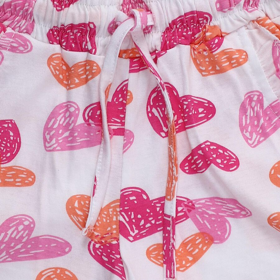 Girls' White Heart Print Elastic Waist Shorts, सफ़ेद, large