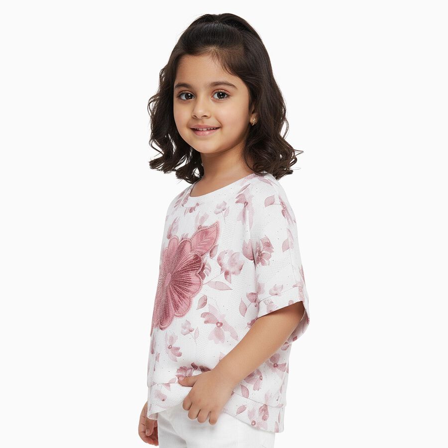Girls Off White Round Neck Casual T-Shirt, Off White, large