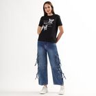Women's Jet Black Round Neck Casual T-Shirt, काला, small