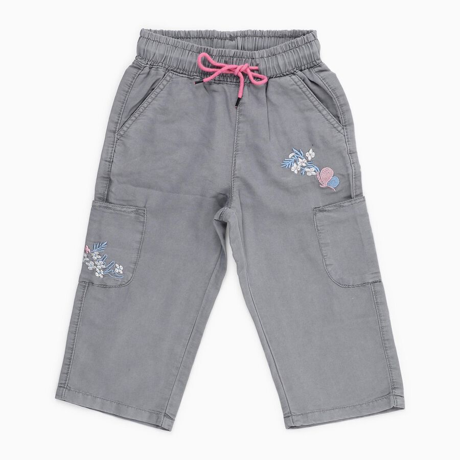 Girls' Muted Grey Relaxed Fit Embroidered Cropped Jeans, हल्का ग्रे, large image number null