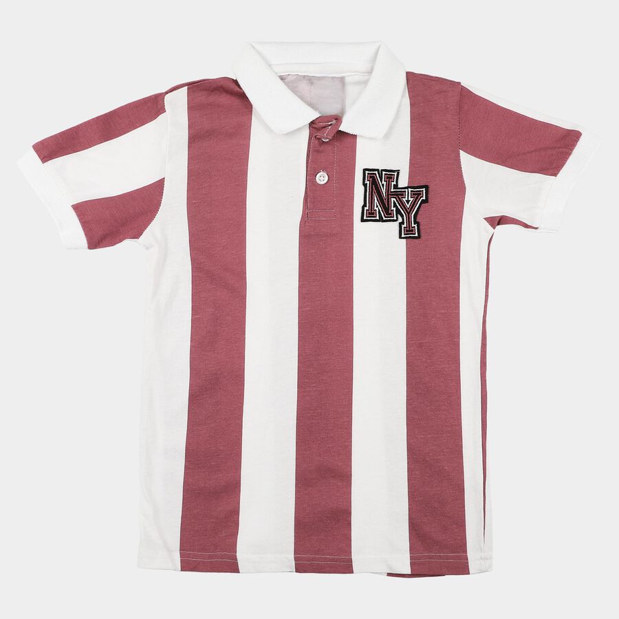 Boys Pink Cotton Polo Neck Striped T-Shirt, Pink, large