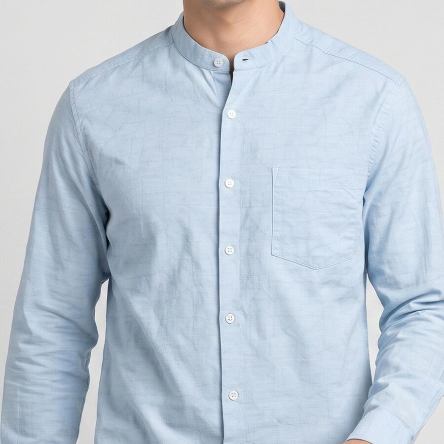 Men's Light Blue Cotton Mandarin Collar Shirt, हल्का नीला, large