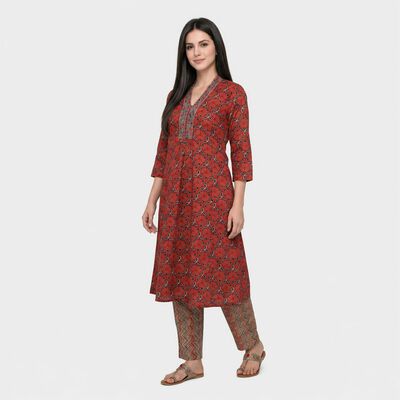 Women's Maroon V-Neck Printed Kurta