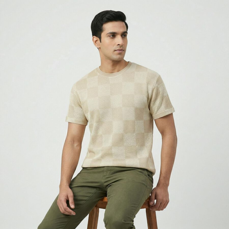 Men's Grey Round Neck Casual T-Shirt, हल्का ग्रे, large