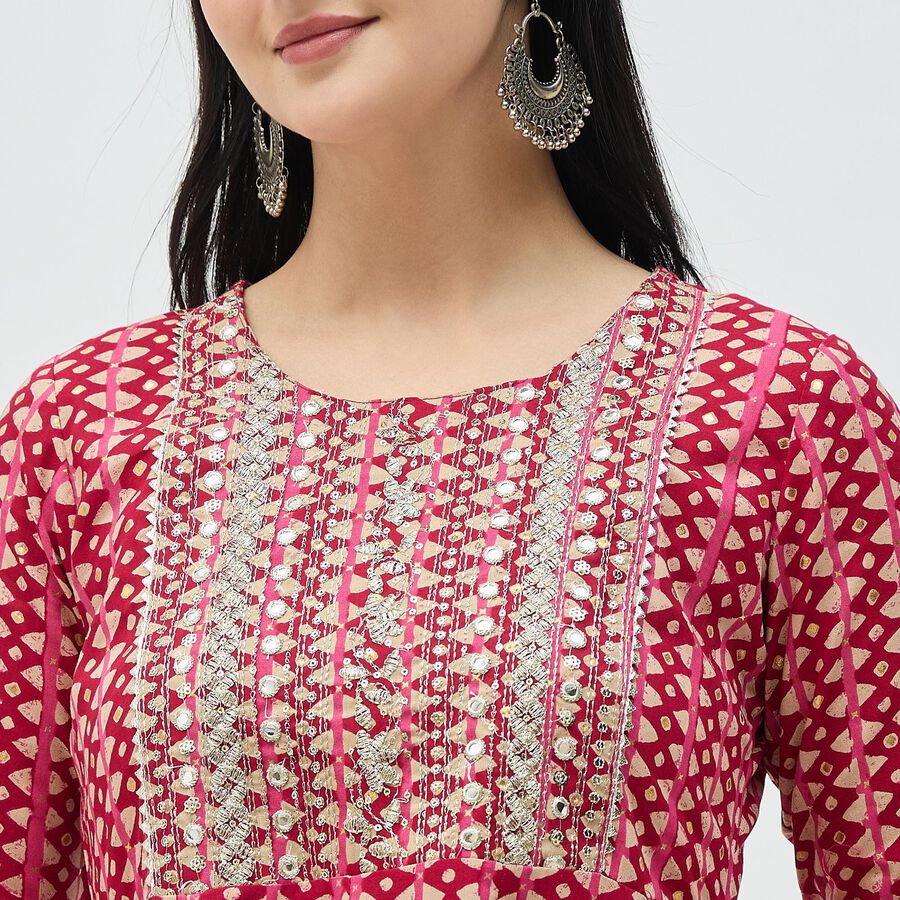 Women's Burgundy Round Neck Embroidered Kurta, Wine, large