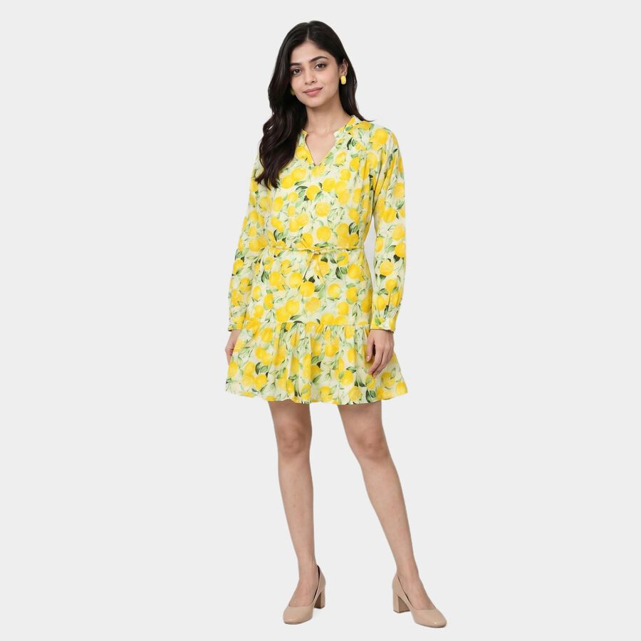 Women's Yellow Cotton V-Neck Fit and Flare Dress, Yellow, large