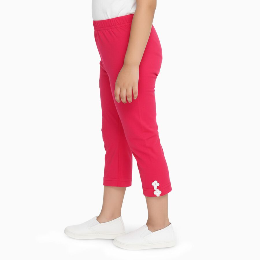 Girls' Bright Pink Cotton Blend Capri Leggings with Decorative Bows, रानी (फ्यूशिया), large image number null