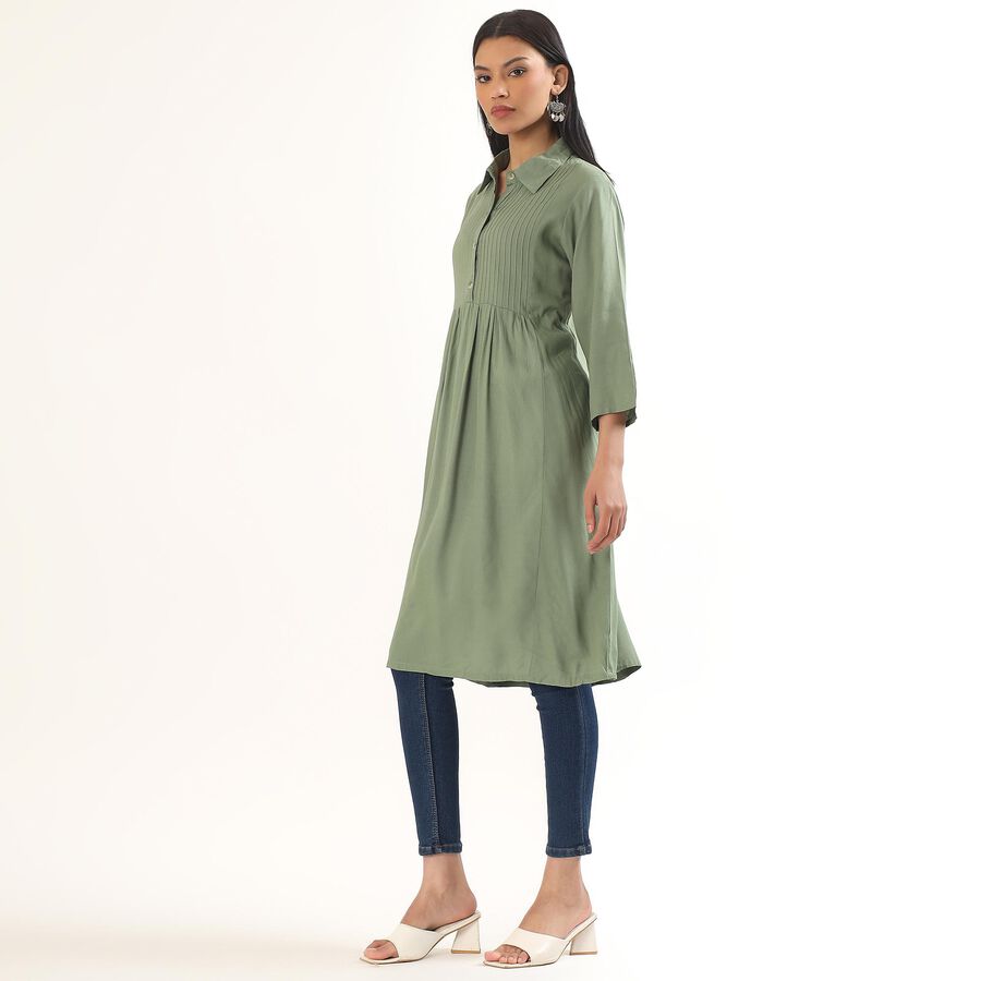 Women's Muted Sage Green Collared Self Design Kurta, गहरा हरा, large image number null