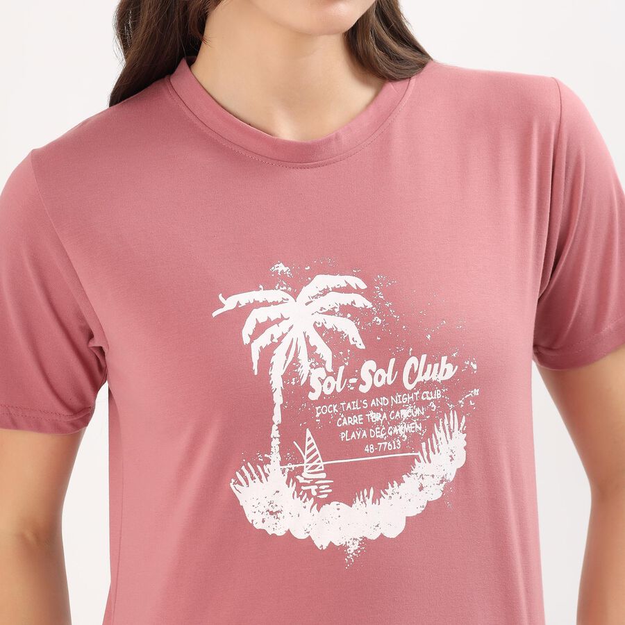 Women's Bright Purple Round Neck Casual T-Shirt, Purple, large