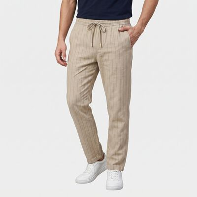 Men's Light Grey Slim Fit Pinstriped Casual Trousers